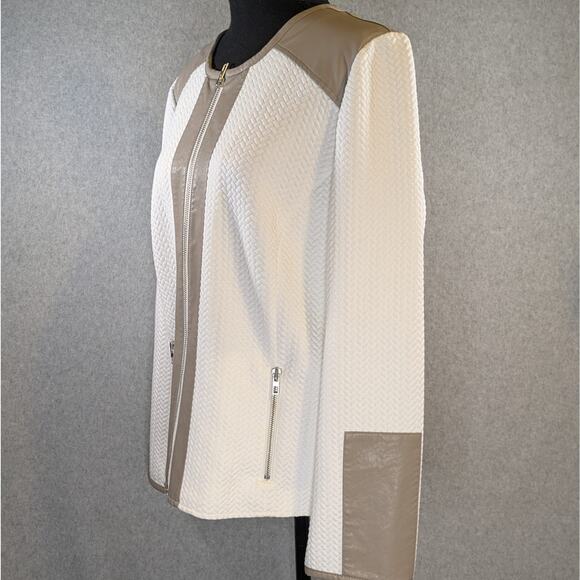 Chico’s Women L Ivory Brown Quilted Moto Jacket Faux Leather Zip Flawed - Picture 15 of 16